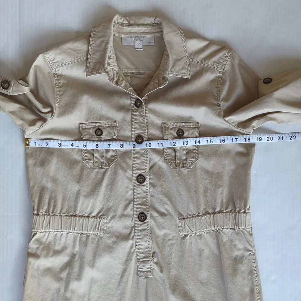 Ann Taylor Loft Khaki Safari Button Tab Sleeve Collared Dress SP Tan Pockets - Picture 12 of 16